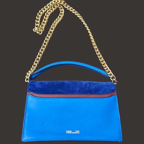 DVF Diane von Furstenberg Bonne Soirée Shoulder Bag Blue Suede Gold Chain Strap - Picture 3 of 8